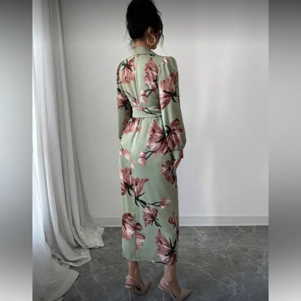 Floral Wrap Dress in Green and Pink
